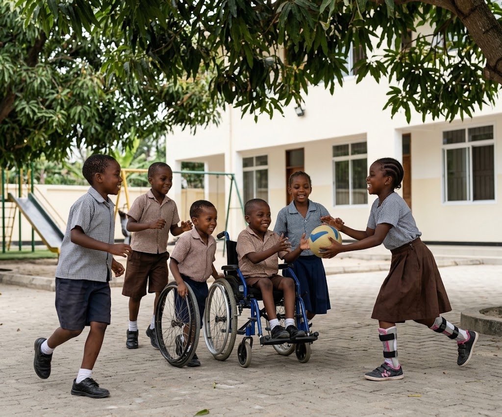 Children playing together at an inclusive school playground